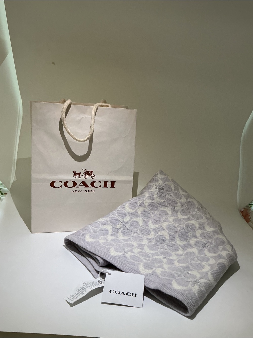 Coach Signature Jacquard Scarf in Light Gray and Cream
